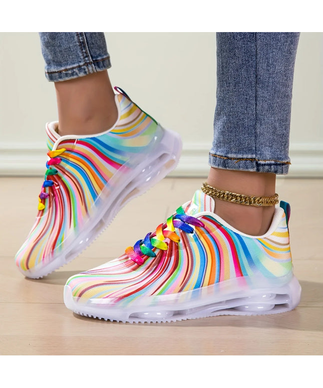 Women's Rainbow Stripe Casual Sports Shoes Summer Mesh Fashion Flat Beach and Leisure Holiday Lace-up Running Shoes for Ladies