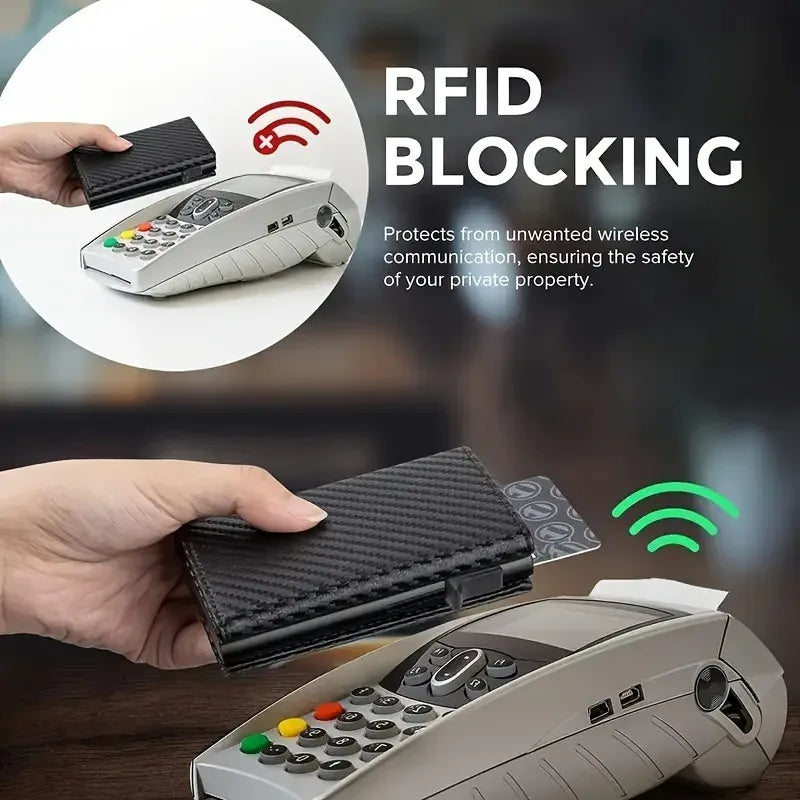 Men's Wallet with Zipper Coin Purse Automatic Pop-up Metal Credit Card Holder Minimalist RFID Blocking Business Card Wallet Idea