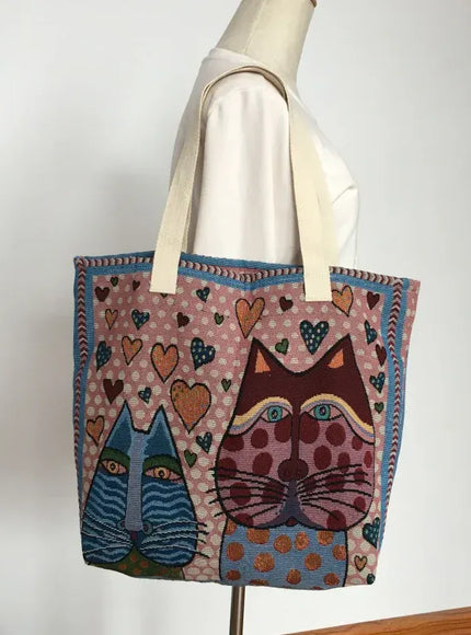 Cute Cat Pattern Wide Horizontal Canvas Tote