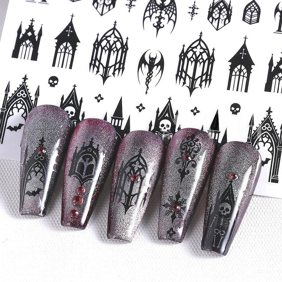 3D Gothic Black Halloween Nail Stickers Cool Design Alphabet Letter Lace Castle Skull Y2K Manicure Decoration Accessories