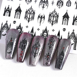 3D Gothic Black Halloween Nail Stickers Cool Design Alphabet Letter Lace Castle Skull Y2K Manicure Decoration Accessories