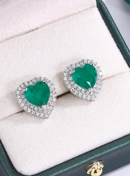 💋 Exquisite 925 Silver Peach Heart Studs - Green Zircon