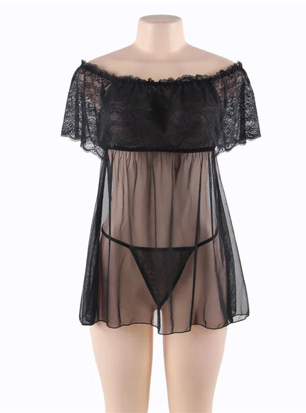 Plus Size Women Bklack Red Transparent Mesh Babydoll Chemise Sleepwearnight gown Valentine Birthday Gift from M-5XL