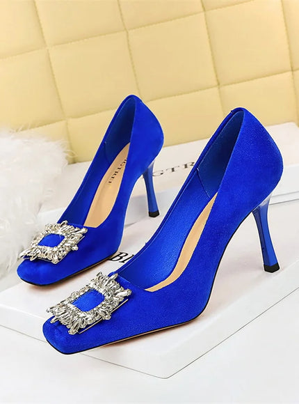 Fashion Women High Heels Metal Rhinestone Buckle Square