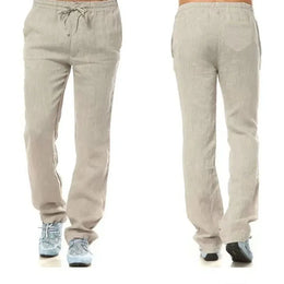 Men's Cotton Linen Trousers Men's Autumn New Breathable Leisure Solid Colour Drawstring Elastic Waist Running Trousers