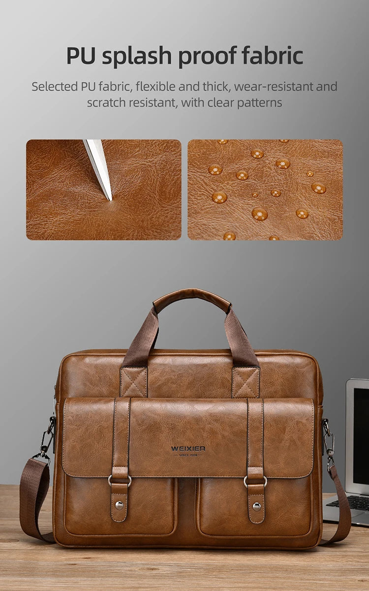 Mens Business Briefcase Large Capacity PU Leather Laptop Bag Fashion Crossbody Shoulder Tote Bag for Work Office
