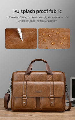 Mens Business Briefcase Large Capacity PU Leather Laptop Bag Fashion Crossbody Shoulder Tote Bag for Work Office