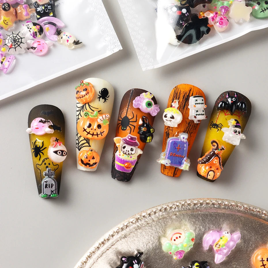 Cute Black Cat Ghost Pumpkin Bat Skull Spider Nail Art Decorations Charms Halloween Rhinestones Nail Art Decorations Accessories
