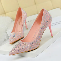 KissICON 9219-22 Pink 7cm / 38 / CHINA Shallow Mouth Pointed Color Rhinestone Pumps Fashion Wedding