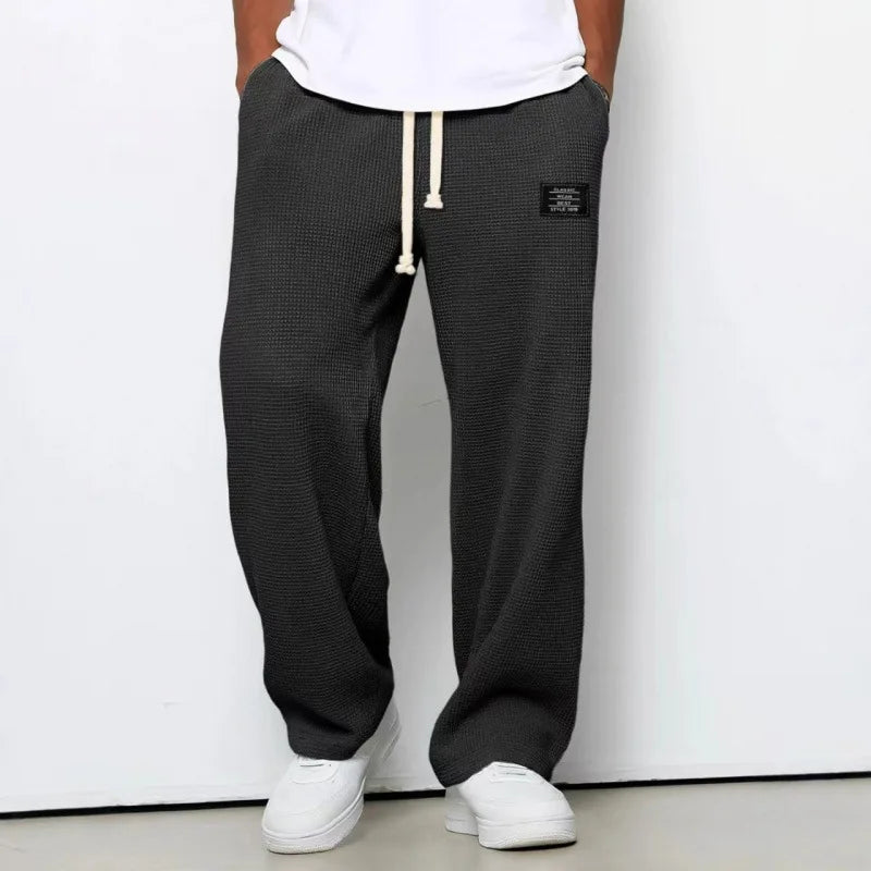 American Style Men's Waffle Textured Wide Leg Sweatpants Drawstring Elastic Waist Casual Loose Fit Streetwear Joggers