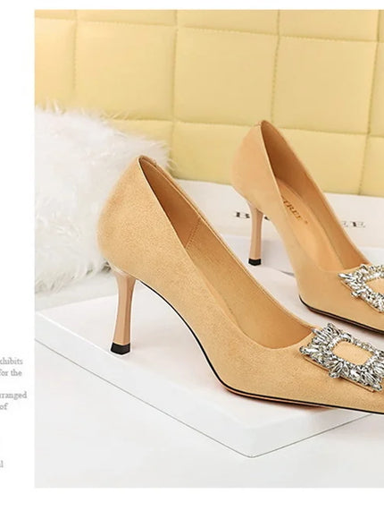 Fashion Women High Heels Metal Rhinestone Buckle Square