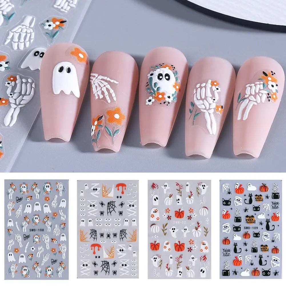 1pcs Halloween Nail Stickers Pumpkin Ghost Spider Skull Design Cute Adhesive Slider Decals DIY Manicure Decor