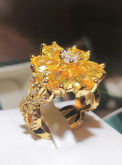 💋 New Women's Ring Yellow Zircon Flower - Silver Plated