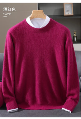 Autumn Winter New Men's Sweater Round Neck Loose Pullover Knitted Sweater Casual Solid Color Thickened 100% Mink Cashmeresweater