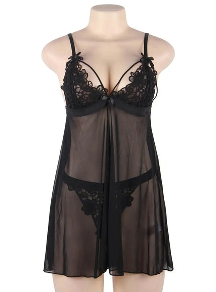 Plus Size Sexy women black mesh transparent babydoll chemise nighgown sleepwear lingerie Set from M-5XL