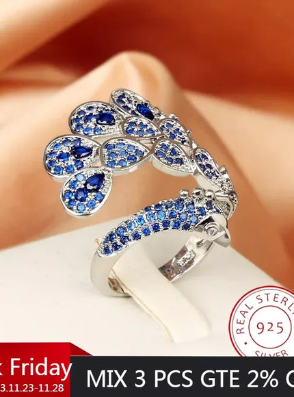 Creative Peacock 925 Silver Plated Ring for Women Bright Blue AAAA Zircon Open Adjustable Jewelry Silver Jewelry Wedding Ring
