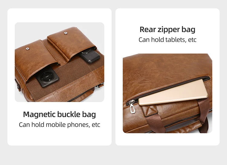 Mens Business Briefcase Large Capacity PU Leather Laptop Bag Fashion Crossbody Shoulder Tote Bag for Work Office