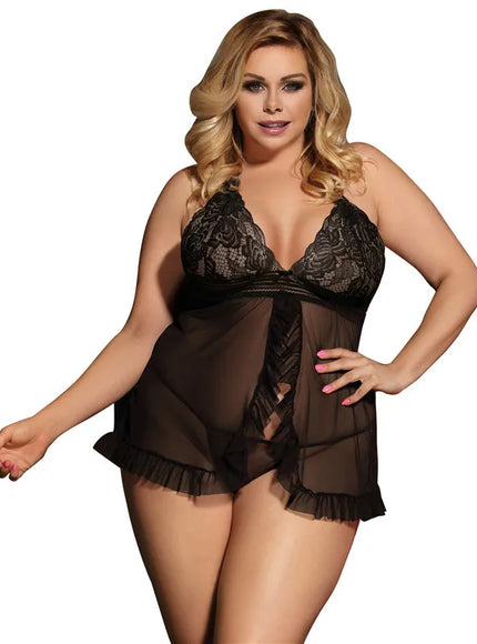 Plus size half tansparent mesh satin women sexy lingerie set nightgown and sleepshirts babydoll chemise with G-String from M-5XL