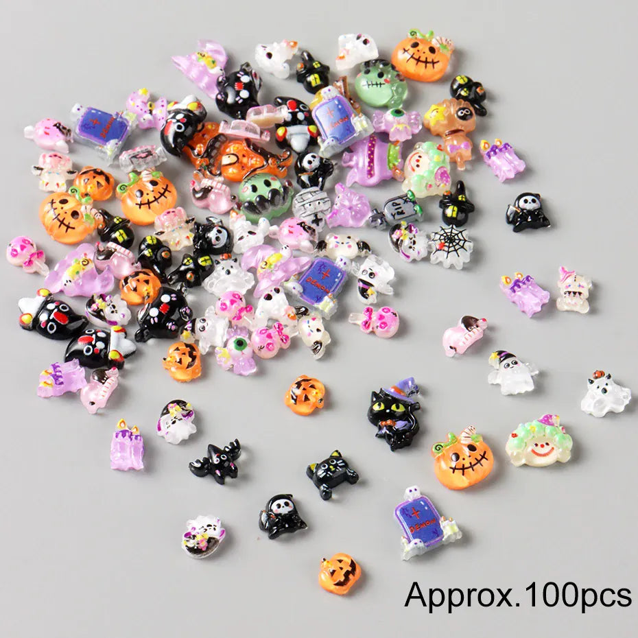 Cute Black Cat Ghost Pumpkin Bat Skull Spider Nail Art Decorations Charms Halloween Rhinestones Nail Art Decorations Accessories
