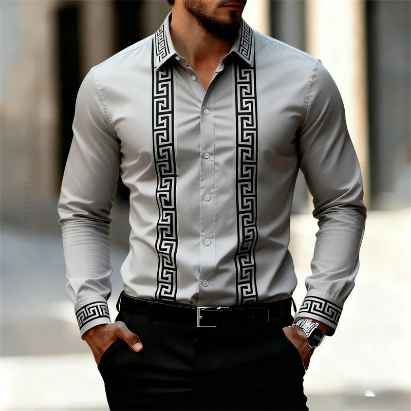 Men's Retro Geometric Print Shirt, Stylish Long-Sleeve Black Shirt, Business Casual Men's Top, Multiple Colors Available, XS-6XL
