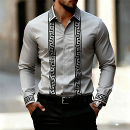Men's Retro Geometric Print Shirt, Stylish Long-Sleeve Black Shirt, Business Casual Men's Top, Multiple Colors Available, XS-6XL