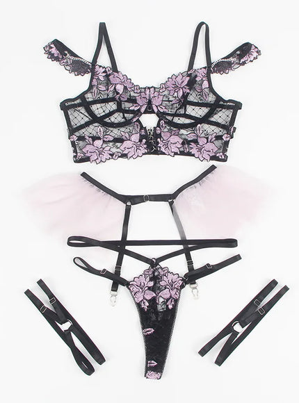 Plus Size Floral Transparent Lace Women Bra and Panties  Jajama Set Lingrie Set from M-5XL