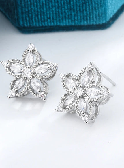 KissIcon Exquisite 925 Silver Flower Earrings - Zircon Glow