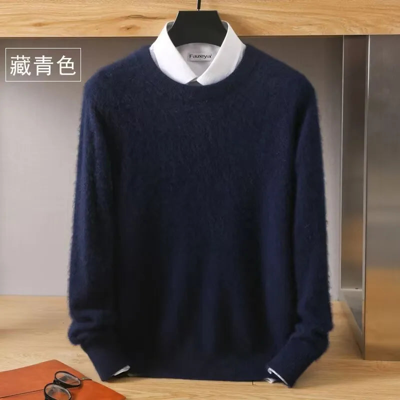 Autumn Winter New Men's Sweater Round Neck Loose Pullover Knitted Sweater Casual Solid Color Thickened 100% Mink Cashmeresweater
