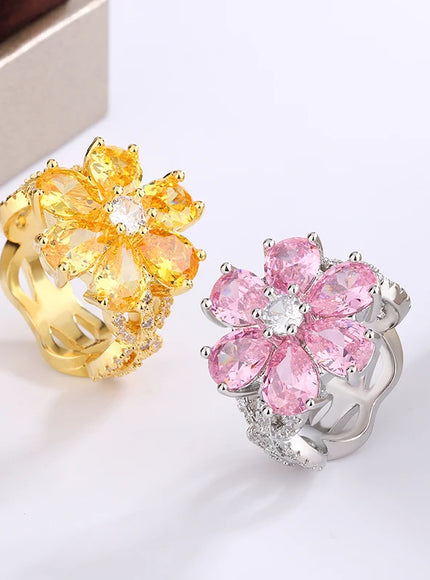 KissIcon Zircon Ring Pink Flower Peach 925 - Elegant Bloom