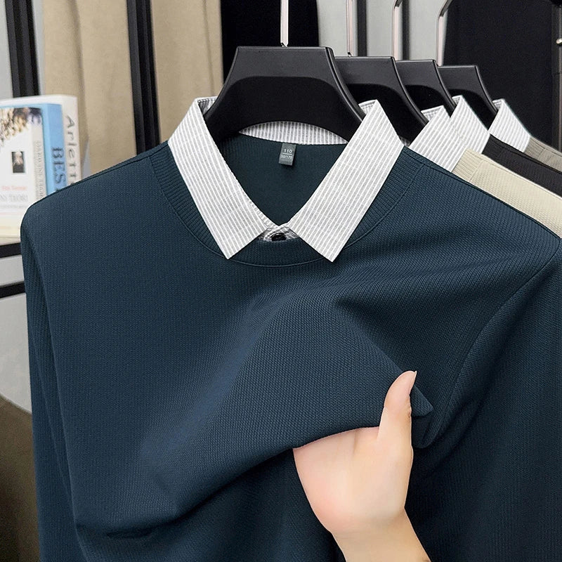 2026 New Men's Fake Two Piece Polo Shirt Casual Fashion Long Sleeve Collar T-shirt Versatile Top