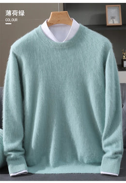 Autumn Winter New Men's Sweater Round Neck Loose Pullover Knitted Sweater Casual Solid Color Thickened 100% Mink Cashmeresweater