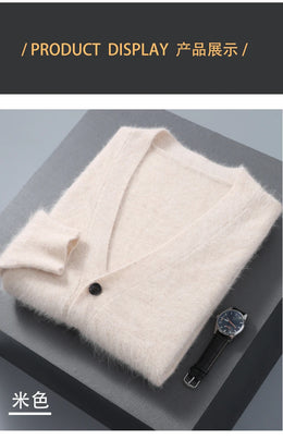 2025 Autumn Winter New Cardigan Men's V-Neck Top 100% Mink Cashmere Knitted Sweater Casual Loose Large Long Sleeved Shirt Jacket