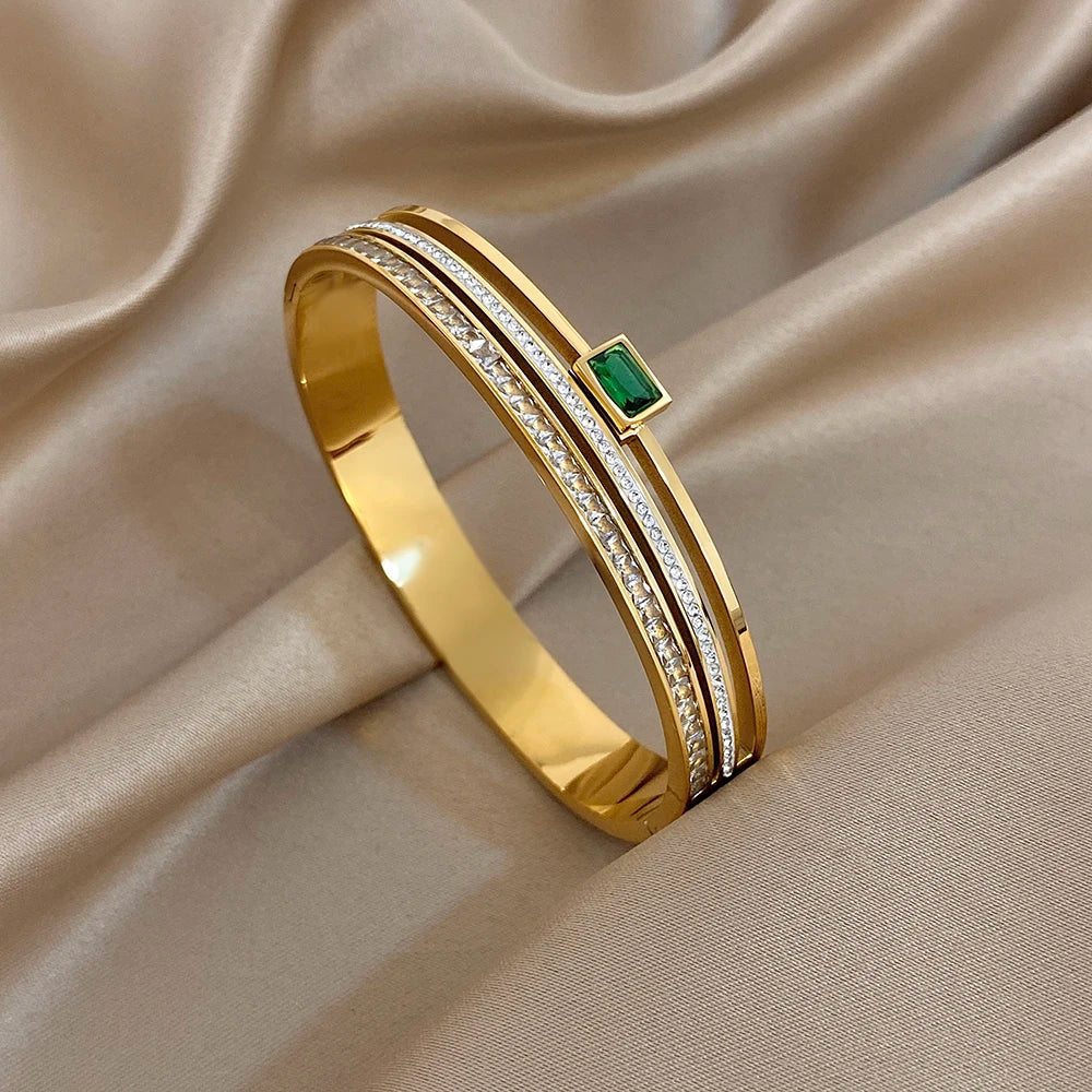 Luxury Stainless Steel Cuff Bracelet Bangle Set for Women Men Gold Plated Bracelets Inlaid White Rhinestone Wide Bangles Gift
