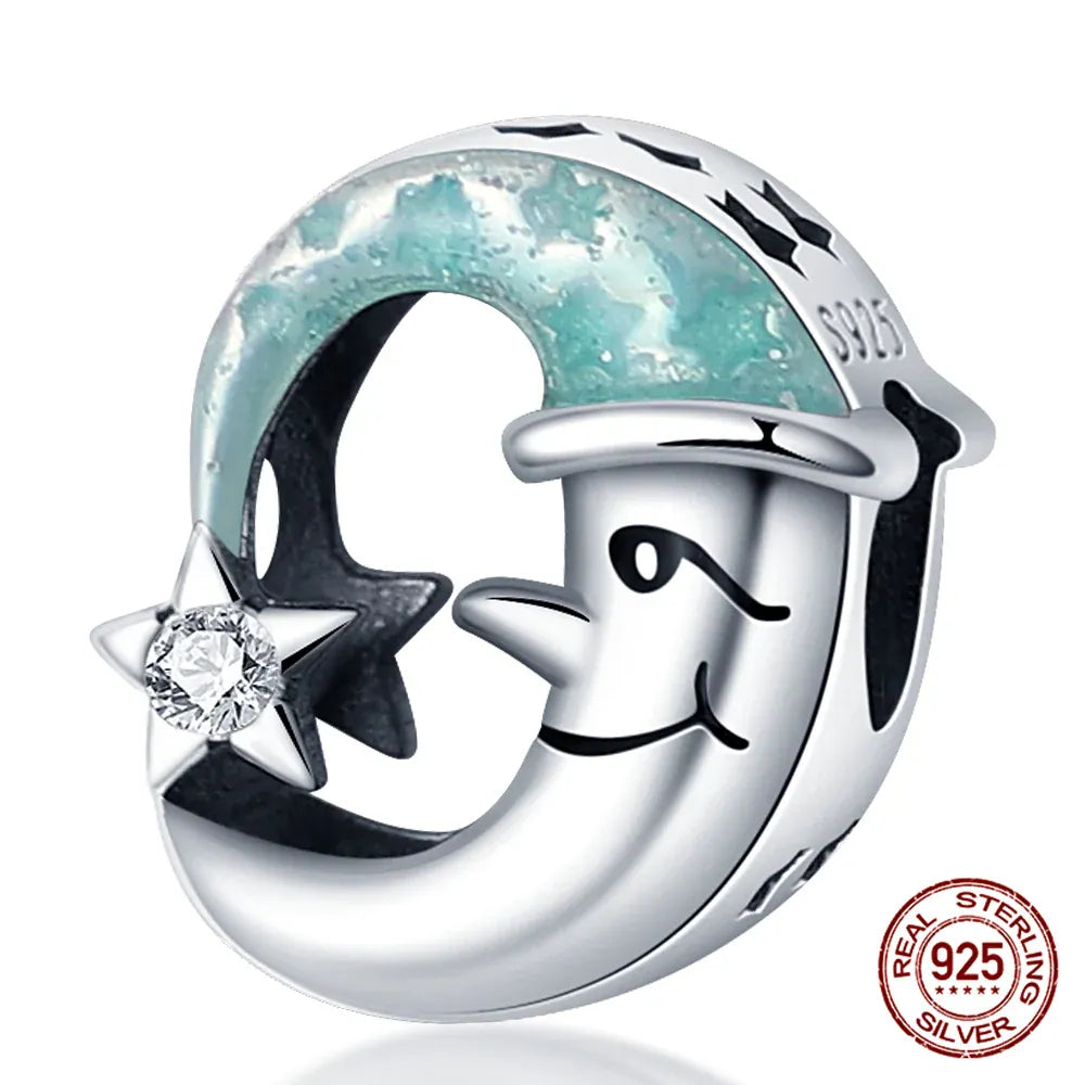 KissICON PAC058 Luminous 925 Sterling Silver Hot Selling Stars And Moon Charms Fit 925 Original Bracelets DIY Jewelry Making For Women Gift