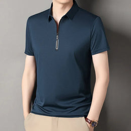 New Men's Business Casual Zipper Short Sleeve Solid Color Polo Shirt Fashionable Warm Comfortable Four Seasons Versatile Top