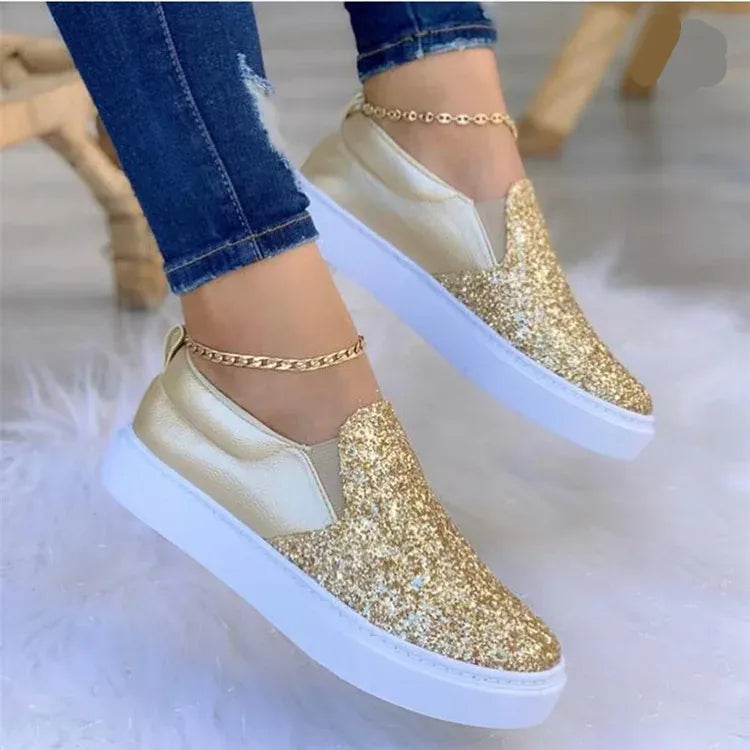 Dropshipman Gold / 37 Fashion Casual Sneakers Women Shoes 2024 Women Flats Rhinestone Bling Chic Shining Star Sewing Thick Sole Slip on Platform