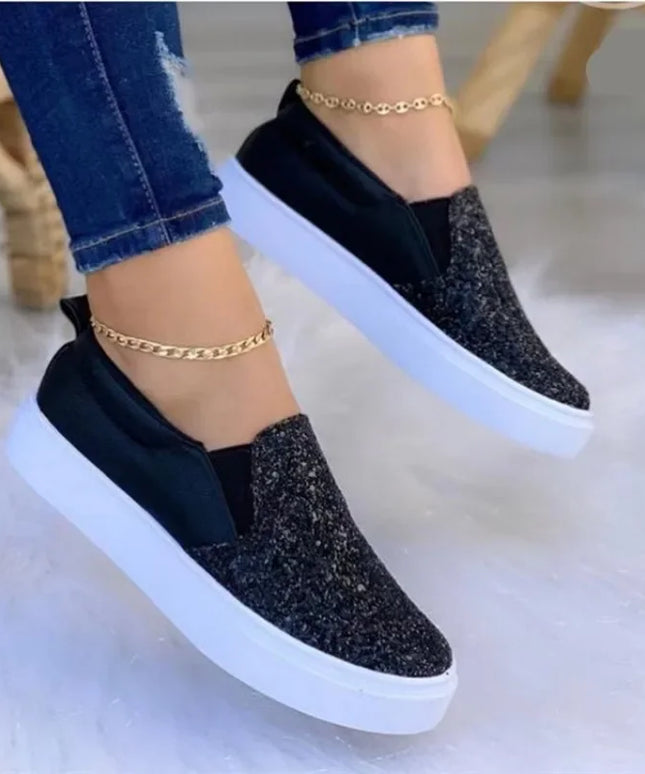 Fashion Casual Sneakers Women Shoes 2024 Women Flats Rhinestone Bling Chic Shining Star Sewing Thick Sole Slip on Platform