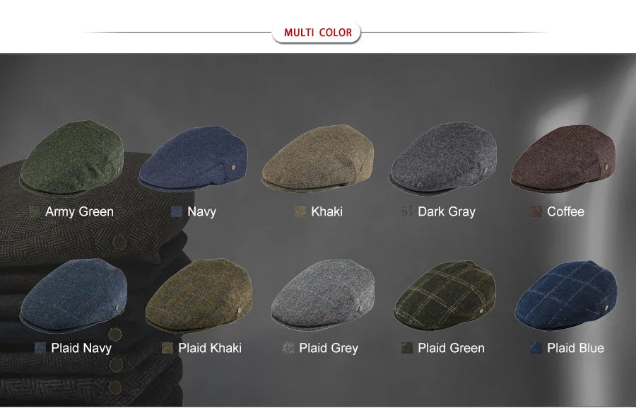 VOBOOM Wool Tweed Herringbone Irish Cap Men Women Beret Cabbie Driver Hat Newsboy Caps Golf Ivy Flat Hats Green Navy Black