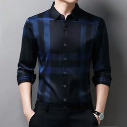 New Men's Casual Printed Long Sleeved Lapel Shirt for Spring and Autumn Fashion Comfortable Wrinkle Free Top Without Ironing