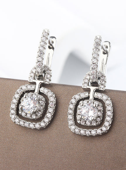 Kiss Icon Silver Square Drop Earrings - Elegant Zircon Shine