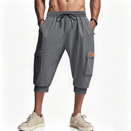 Men Elastic Drawstring Waist Cargo Capri Shorts Multi Pockets Jogger Cropped Sweatpants Casual Sports 3/4 Pants