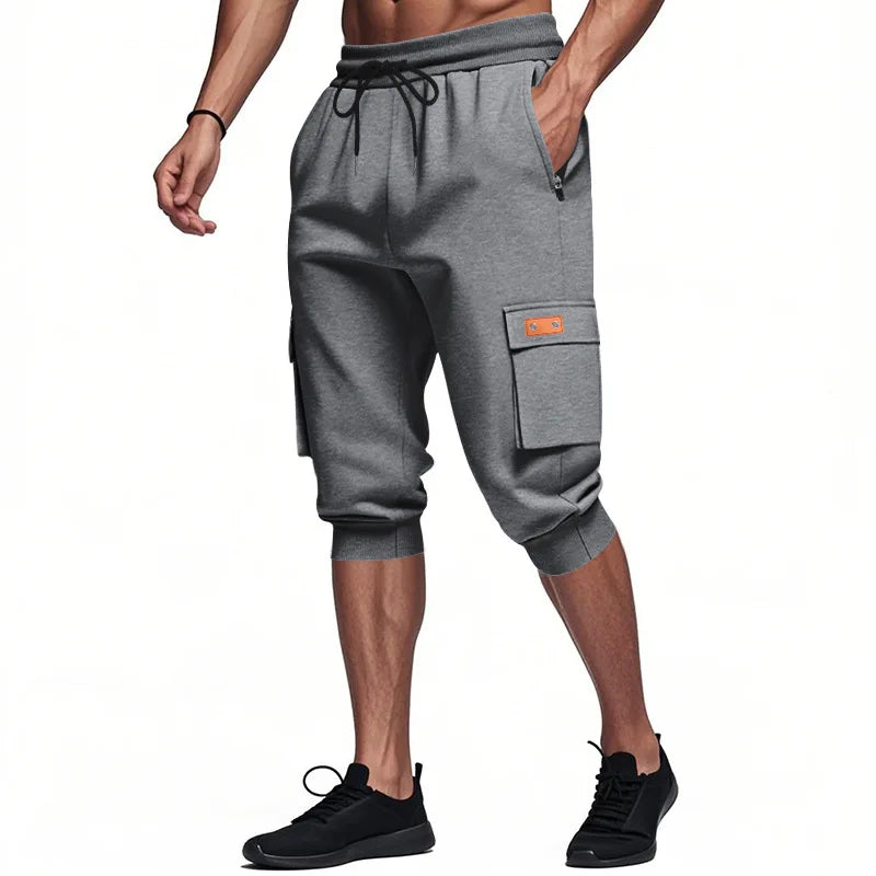 Men Elastic Drawstring Waist Cargo Capri Shorts Multi Pockets Jogger Cropped Sweatpants Casual Sports 3/4 Pants