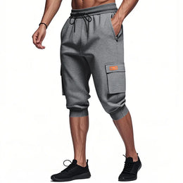 Men Elastic Drawstring Waist Cargo Capri Shorts Multi Pockets Jogger Cropped Sweatpants Casual Sports 3/4 Pants