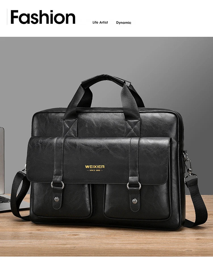Mens Business Briefcase Large Capacity PU Leather Laptop Bag Fashion Crossbody Shoulder Tote Bag for Work Office