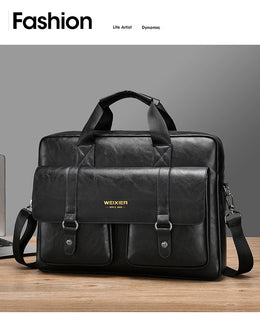 Mens Business Briefcase Large Capacity PU Leather Laptop Bag Fashion Crossbody Shoulder Tote Bag for Work Office