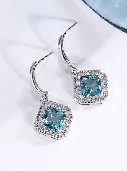 High Quality 925 Silver Plated Earrings for Womes Children Exquisite Square Geometric Jewelry Brilliant Blue Zircon Earring