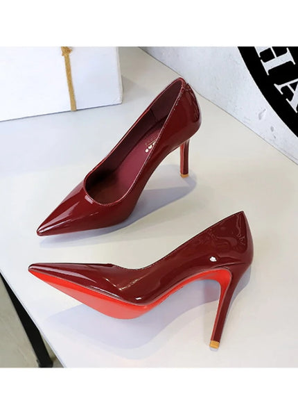 Fashionable Simple Slim Heels High Heels Glossy Patent