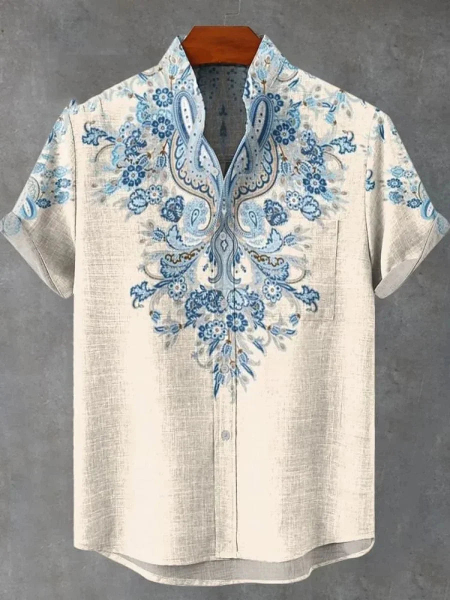 Summer Men's Printed Short Sleeve Shirt Vintage Linen Shirt Men's Festival Casual Short Sleeve Top Street Trend Fast Delivery