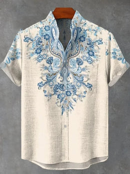 Summer Men's Printed Short Sleeve Shirt Vintage Linen Shirt Men's Festival Casual Short Sleeve Top Street Trend Fast Delivery