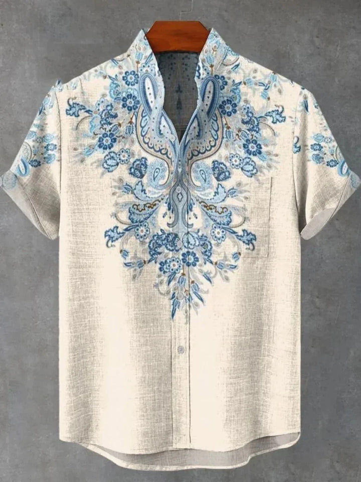 Summer Men's Printed Short Sleeve Shirt Vintage Linen Shirt Men's Festival Casual Short Sleeve Top Street Trend Fast Delivery
